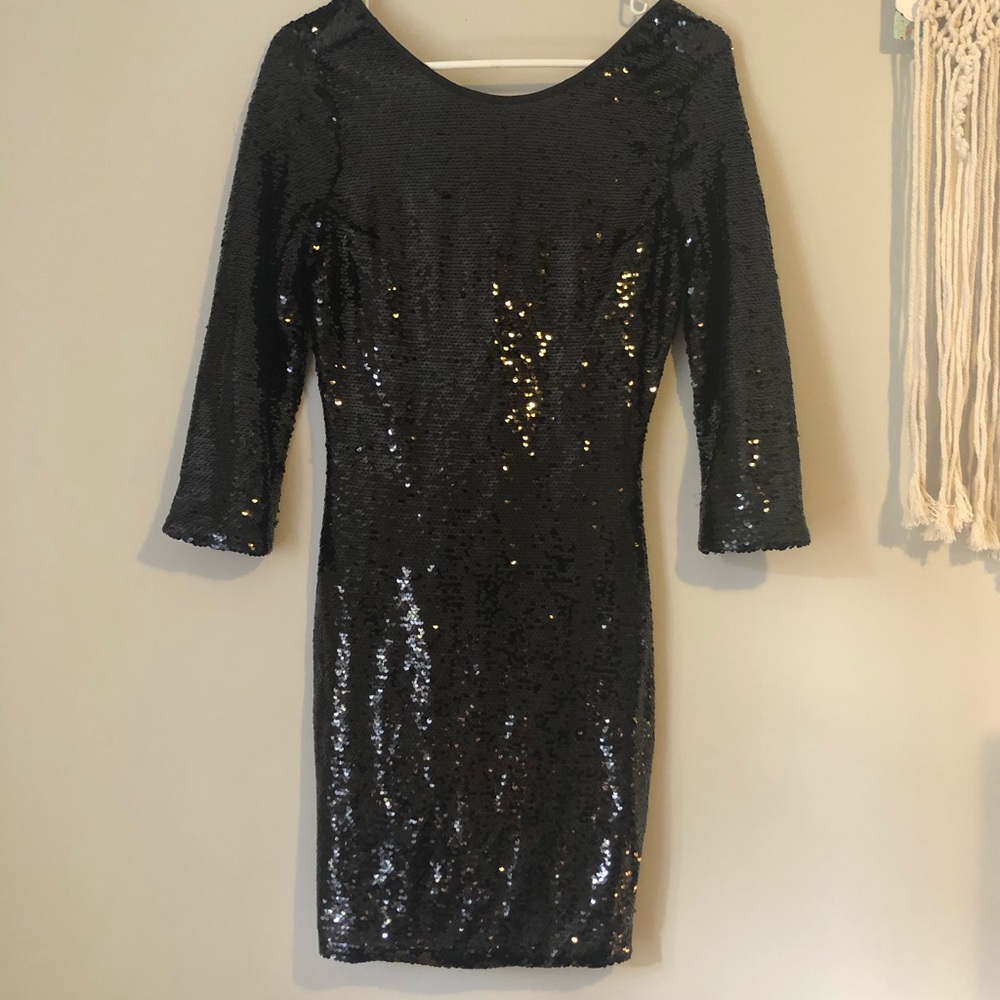 Just Fab Black Sequin Dress 3/4 Sleeve